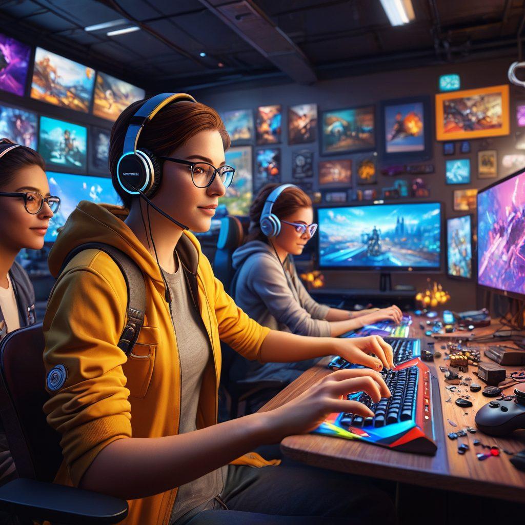 An engaging and dynamic collage of diverse gamers in a virtual environment, showcasing modding tools, vibrant tutorial screens, and captivating game graphics. Include a bright, welcoming atmosphere with a sense of community, featuring characters from popular games collaborating together. Incorporate elements like game controllers, code snippets, and creative artwork. super-realistic. vibrant colors. 3D.