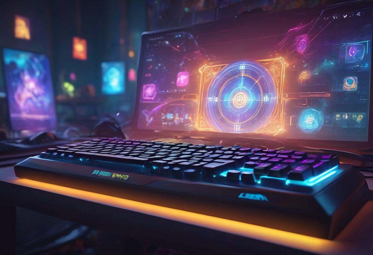 A captivating gamer sitting at a high-tech gaming setup, surrounded by colorful game mod icons and a glowing keyboard. The background depicts a vibrant modding community with characters from various games interacting. Include elements like tips and tutorials floating in the air, and a mystical key unlocking a digital portal. This scene should evoke excitement and creativity. super-realistic. vibrant colors. 3D.